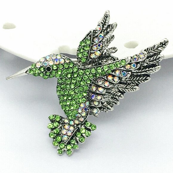 Green HUMMINGBIRD Rhinestone Necklace Pndt Brooch - Picture 6 of 7